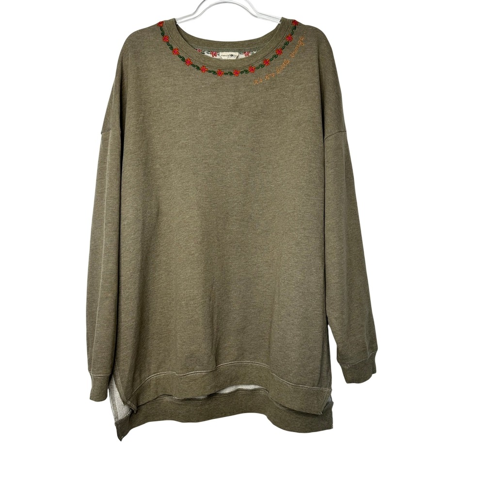 Natural Life Sweatshirt S/M Olive Green Embroidered Floral Its the Little Things